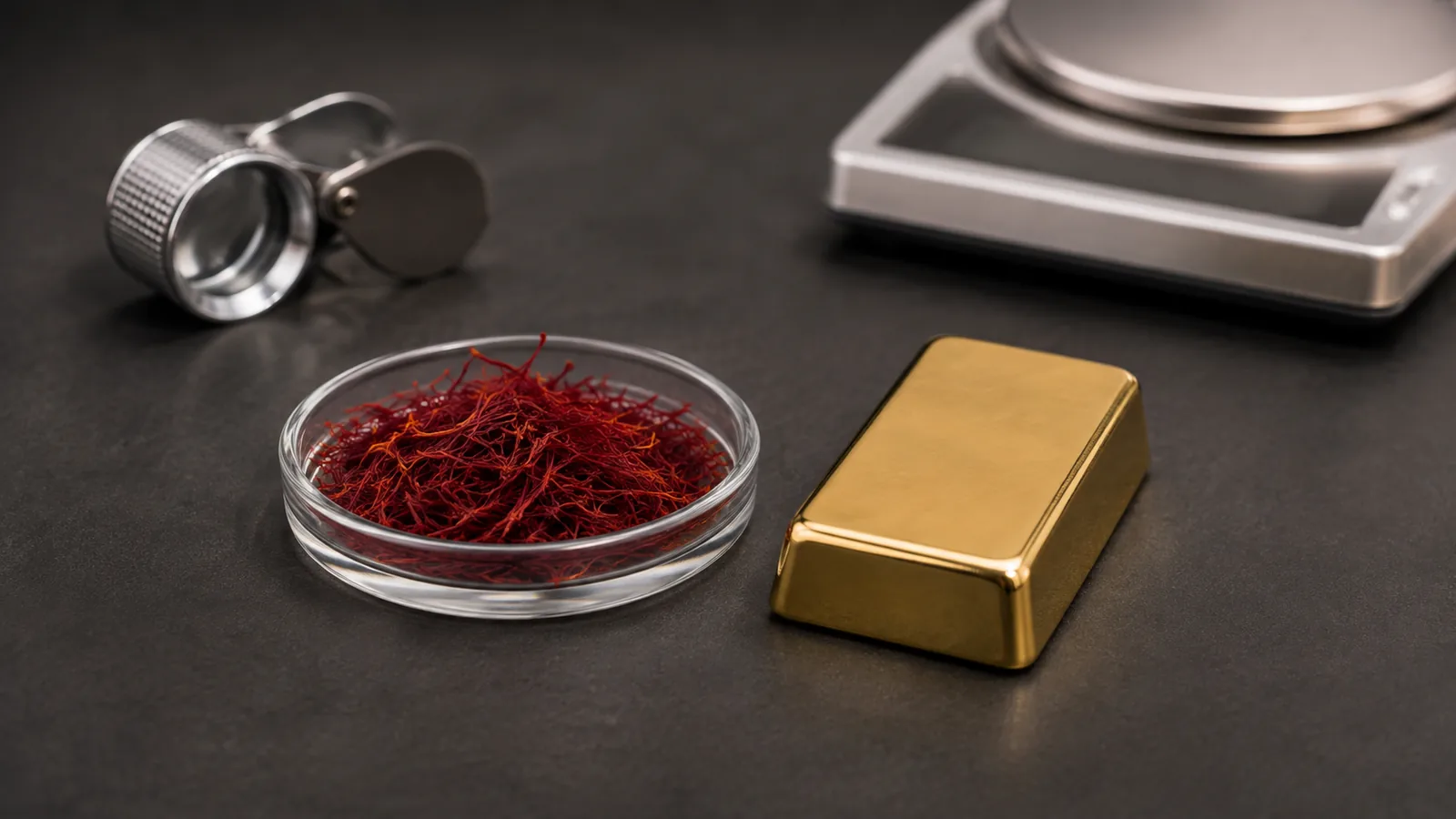 Red saffron threads beside an unmarked gold bar on a jeweller examination surface