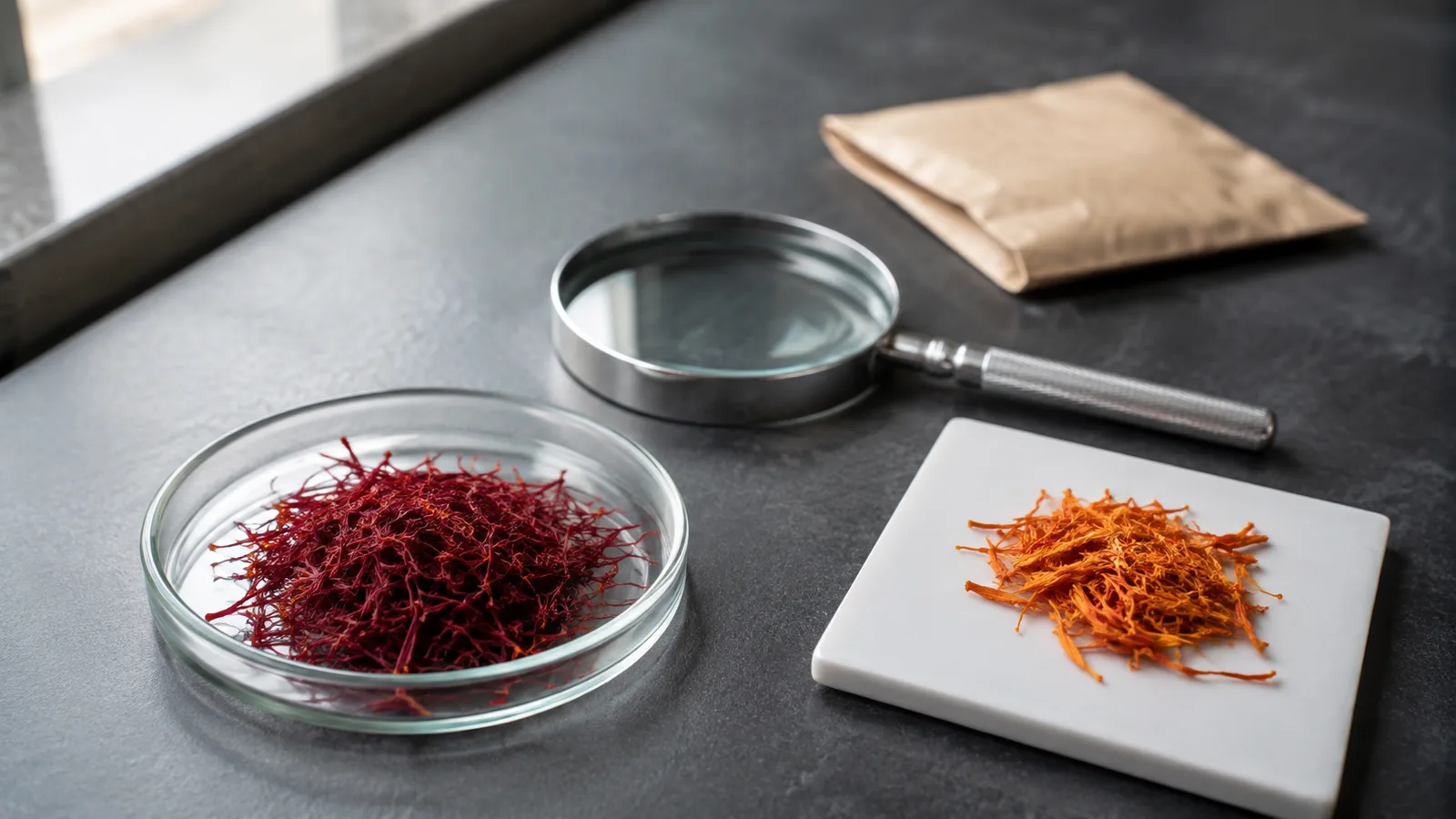 Genuine saffron threads beside a separate orange plant substitute for comparison