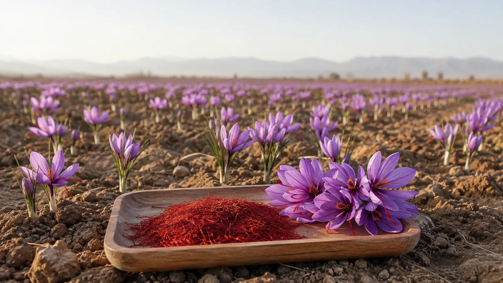 Purple saffron crocuses and dried saffron threads on a wooden tray in a field
