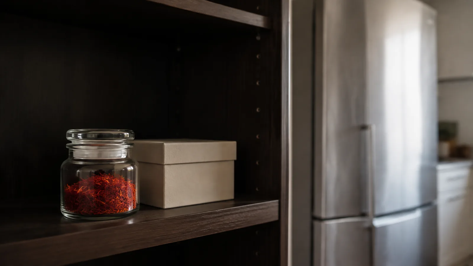 A sealed glass jar of saffron stored on a dark pantry shelf beside a closed refrigerator