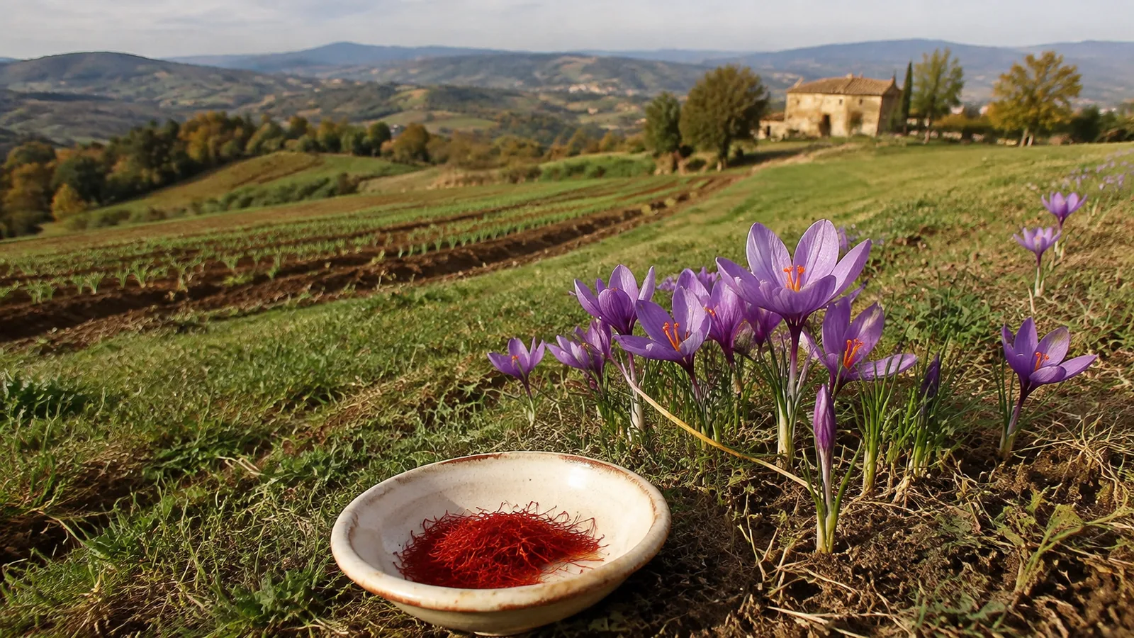 Purple saffron crocuses growing on an Italian hillside beside dried saffron threads
