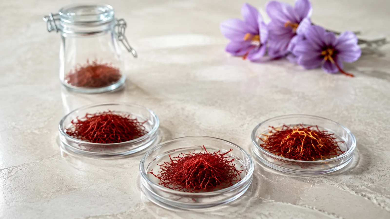 Negin Sargol and Pushal saffron threads arranged in separate glass dishes