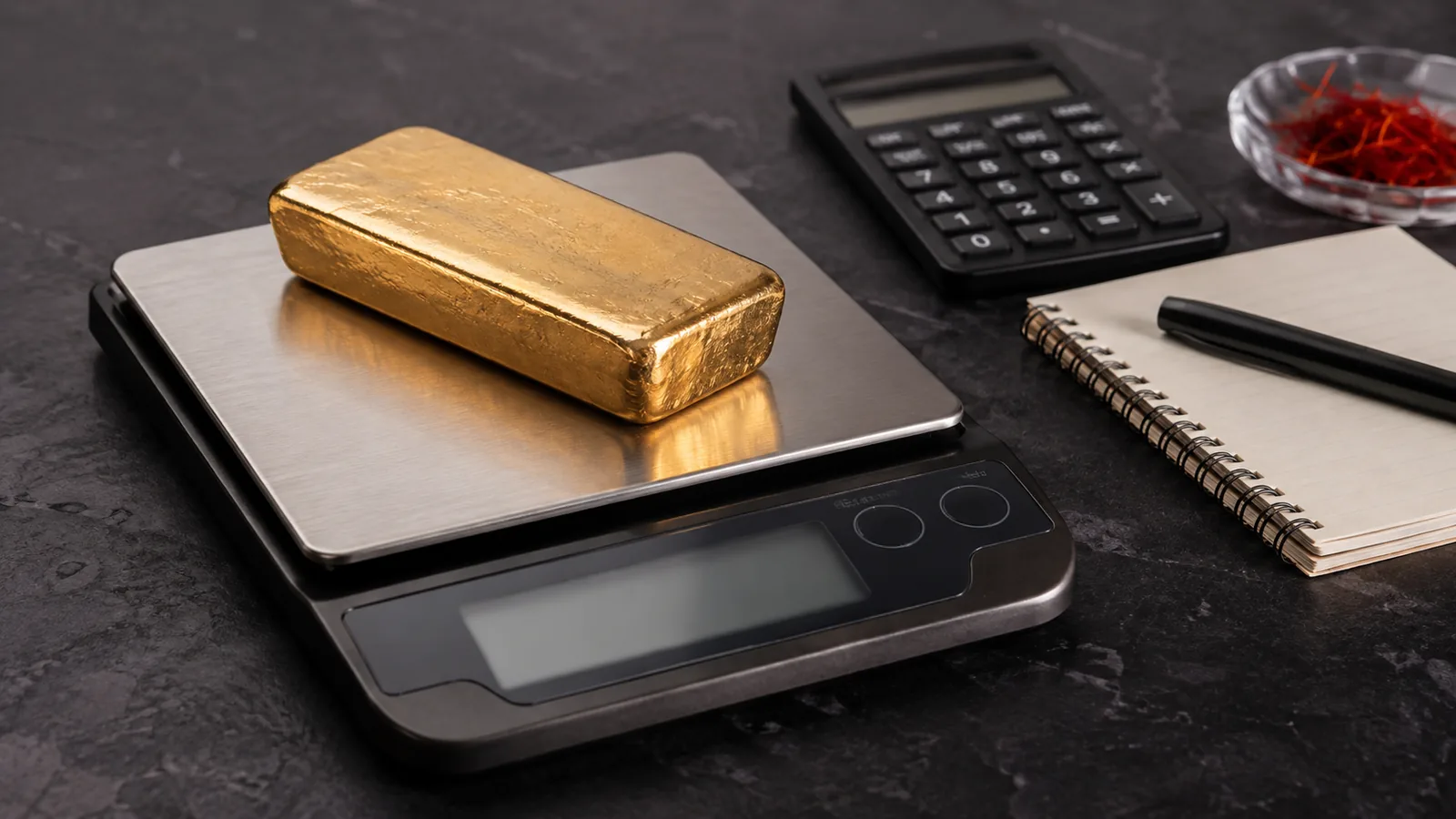 Unbranded gold bar on a digital scale beside a calculator and saffron threads