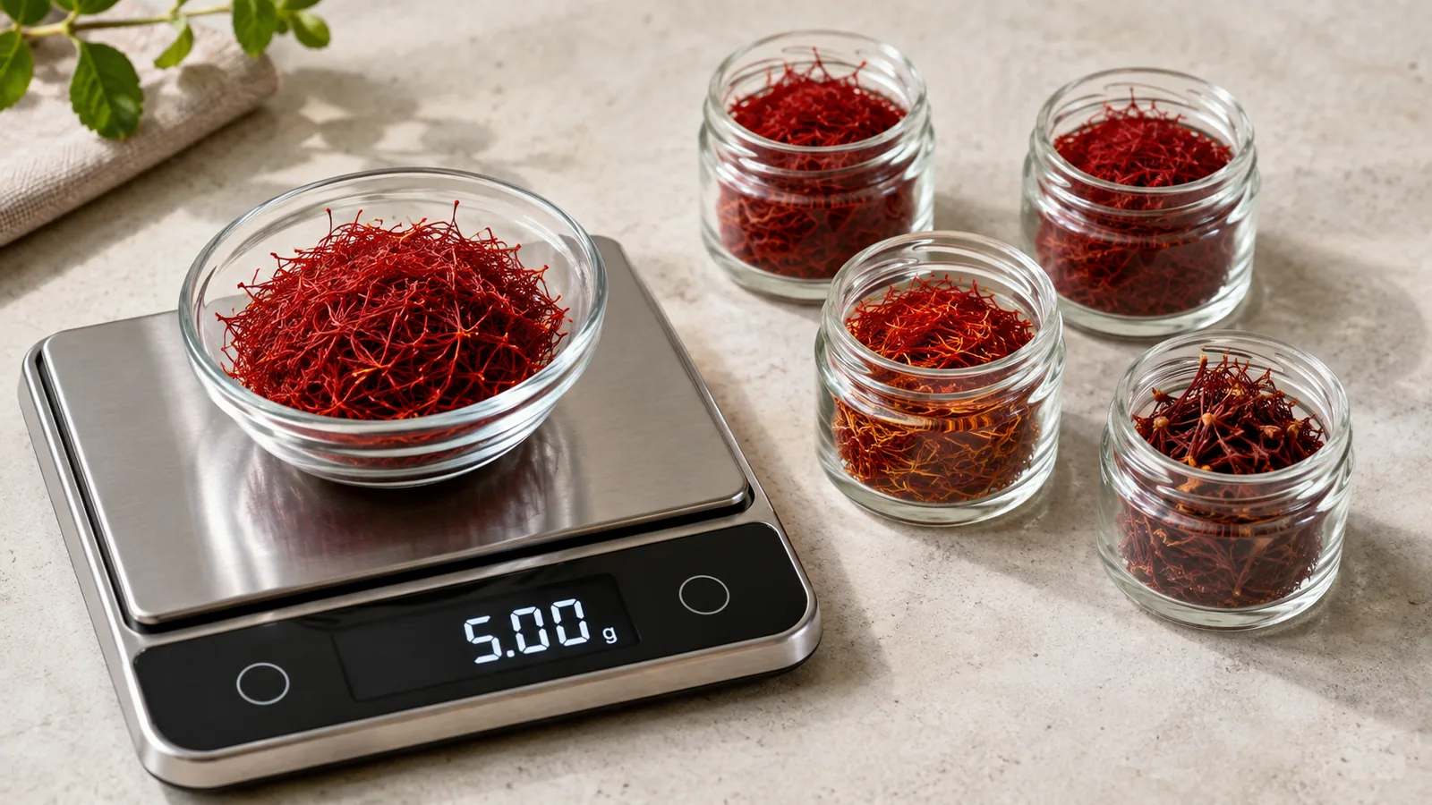 Five grams of saffron threads weighed on a digital kitchen scale beside different saffron cuts