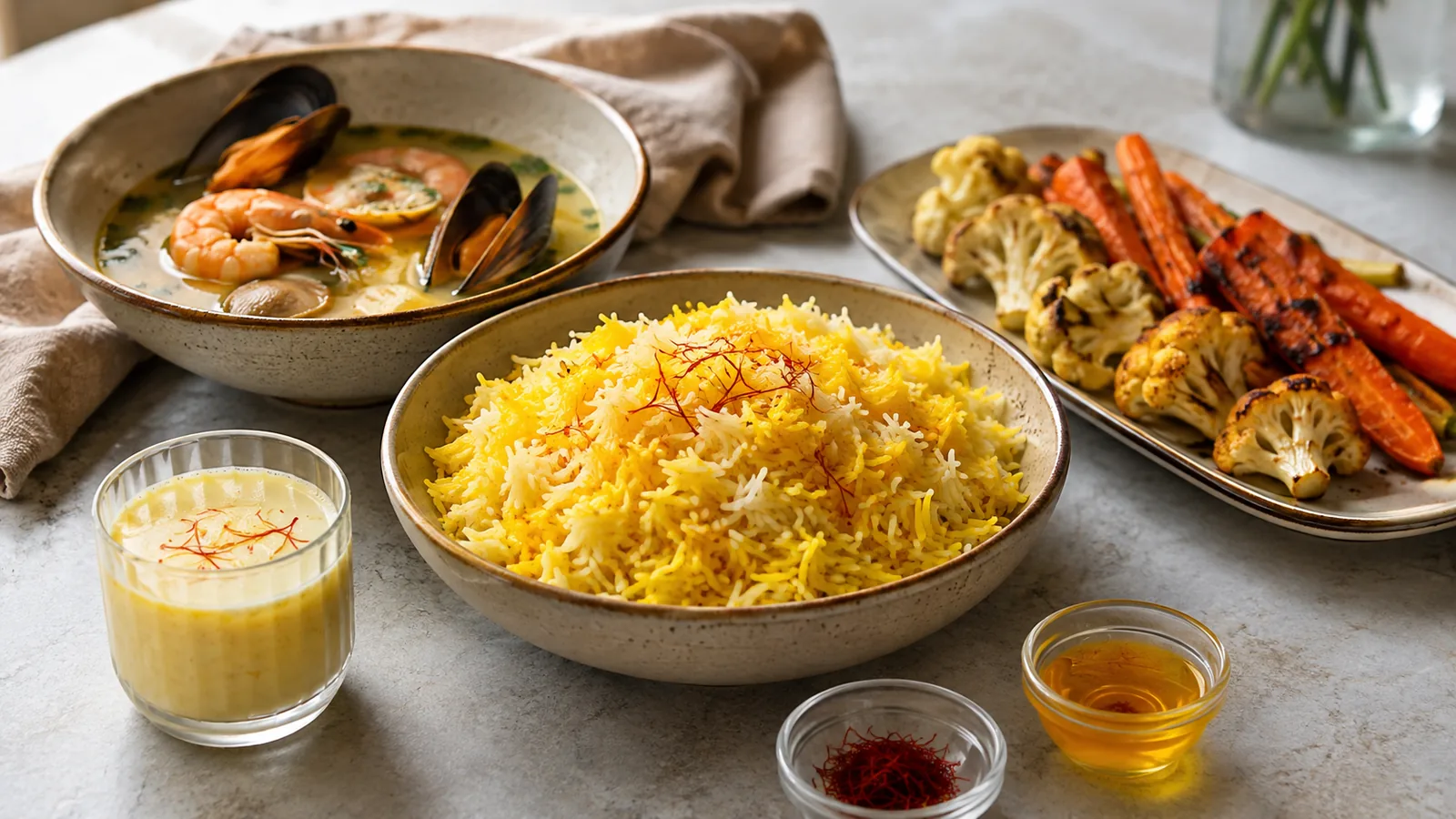 Saffron rice with seafood broth roasted vegetables milk dessert threads and infusion