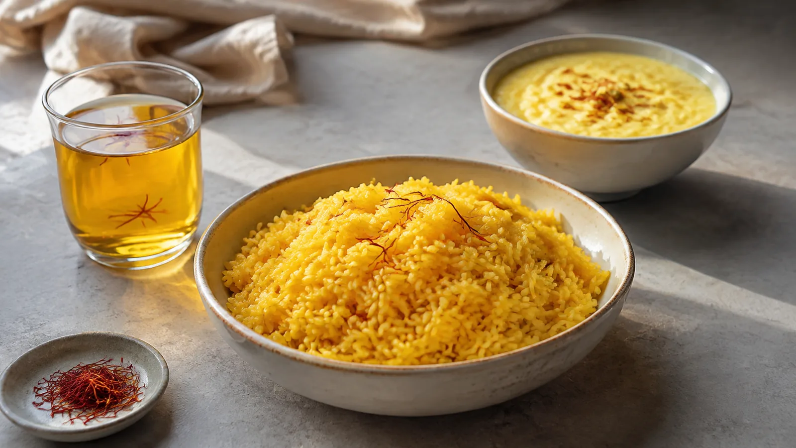 Saffron rice, infusion and milk dessert showing saffron taste in food