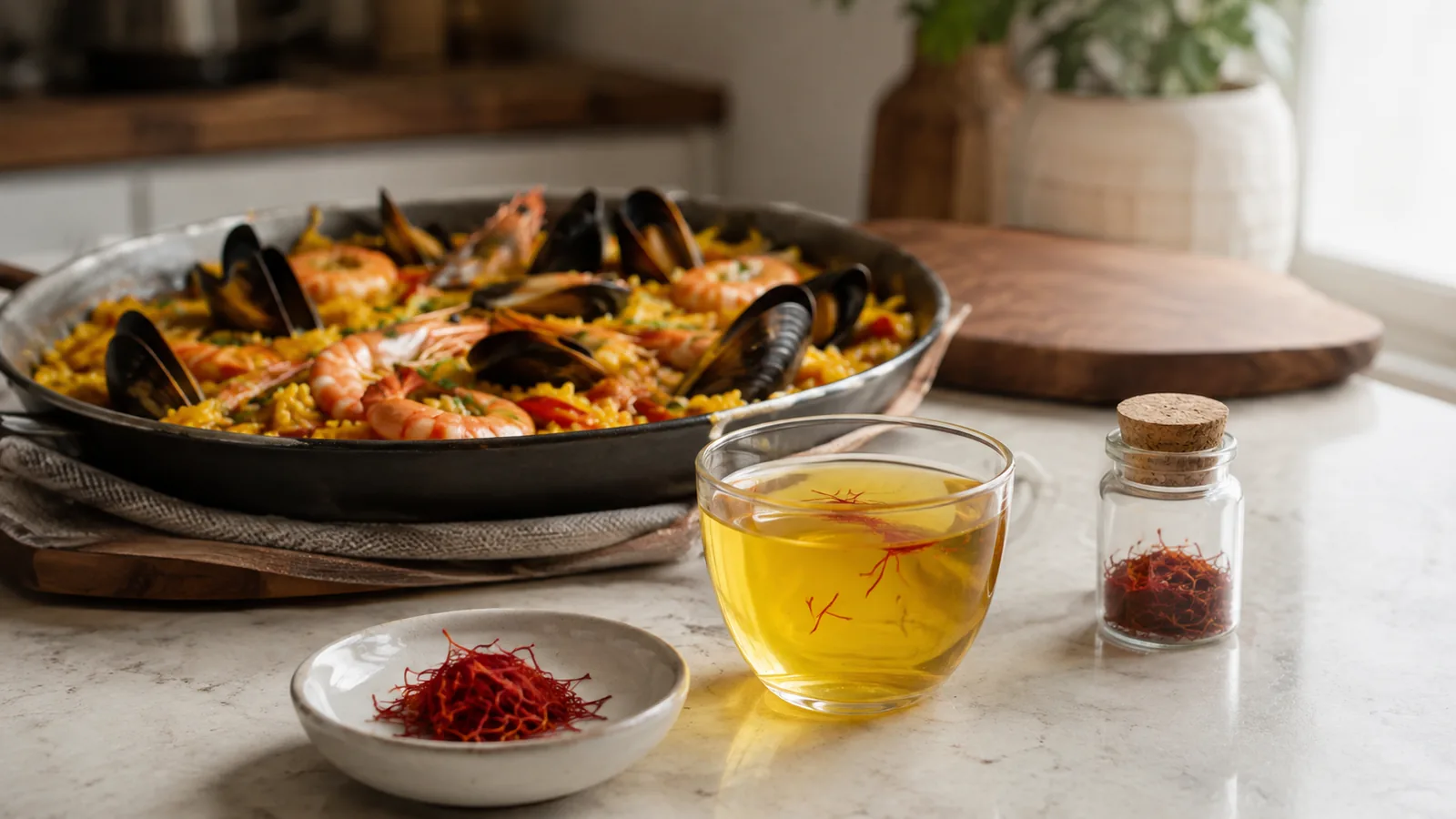 Plain saffron infusion beside saffron seafood rice for flavor comparison