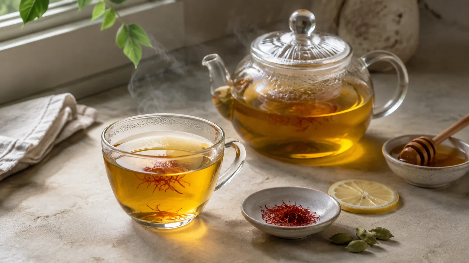 Golden saffron tea with threads, lemon, cardamom and honey
