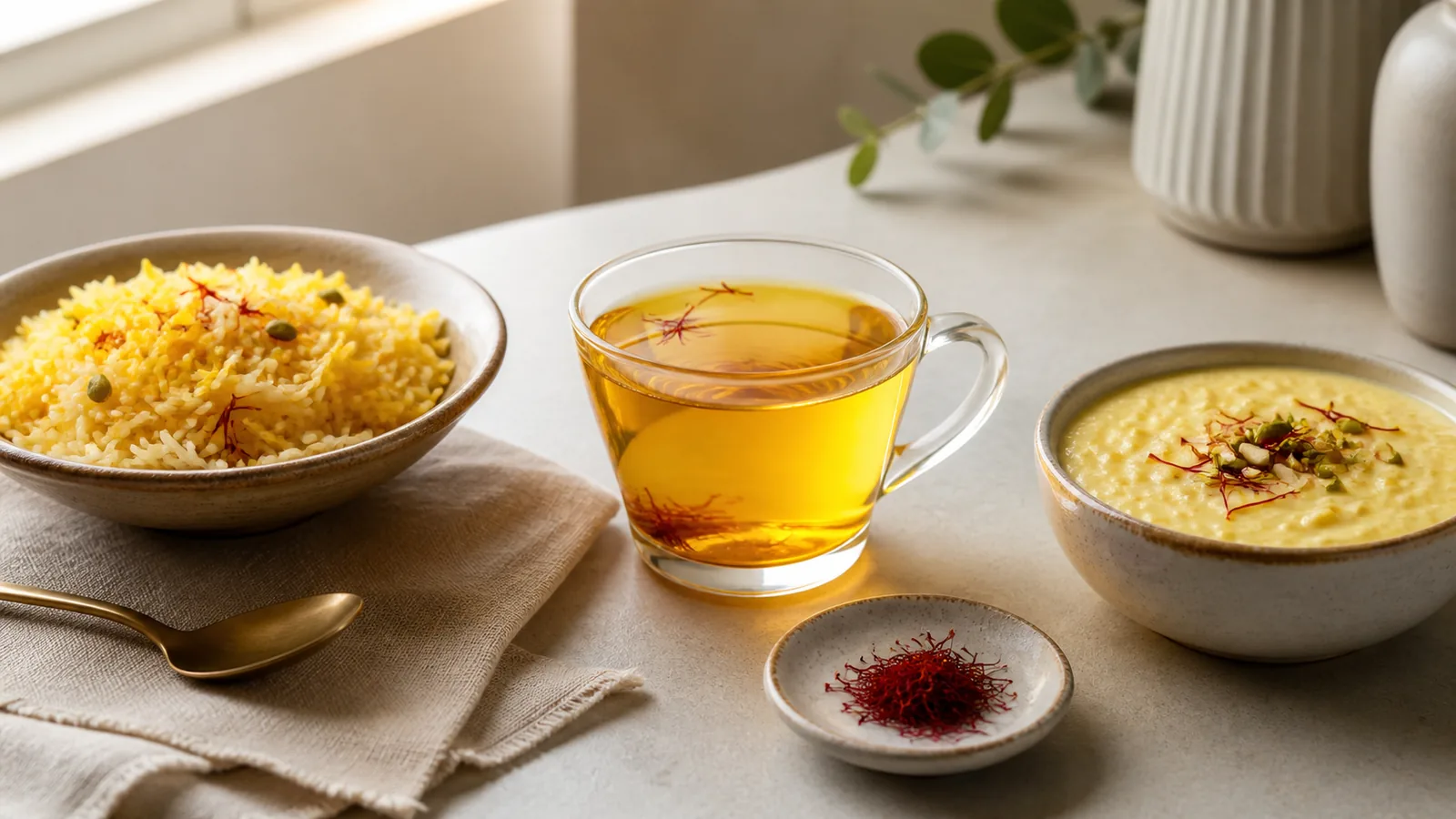 Saffron infusion with rice, milk dessert and saffron threads