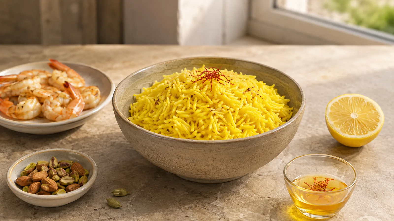Saffron rice with seafood, citrus, nuts and spices for food pairing ideas