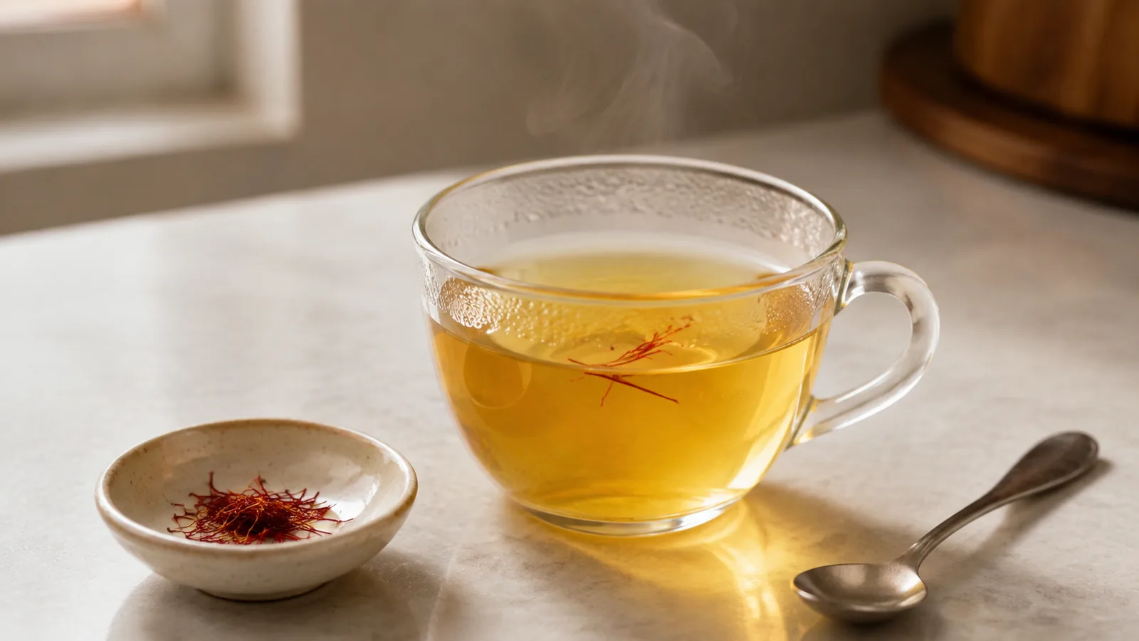 One cup of saffron tea steeping with a few visible threads