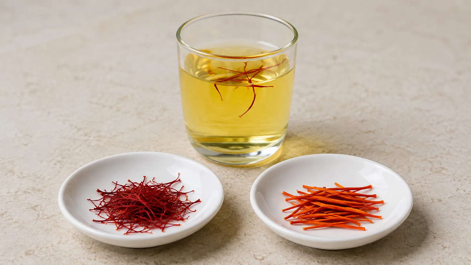 Natural saffron threads beside uniform orange fibres and a golden water infusion