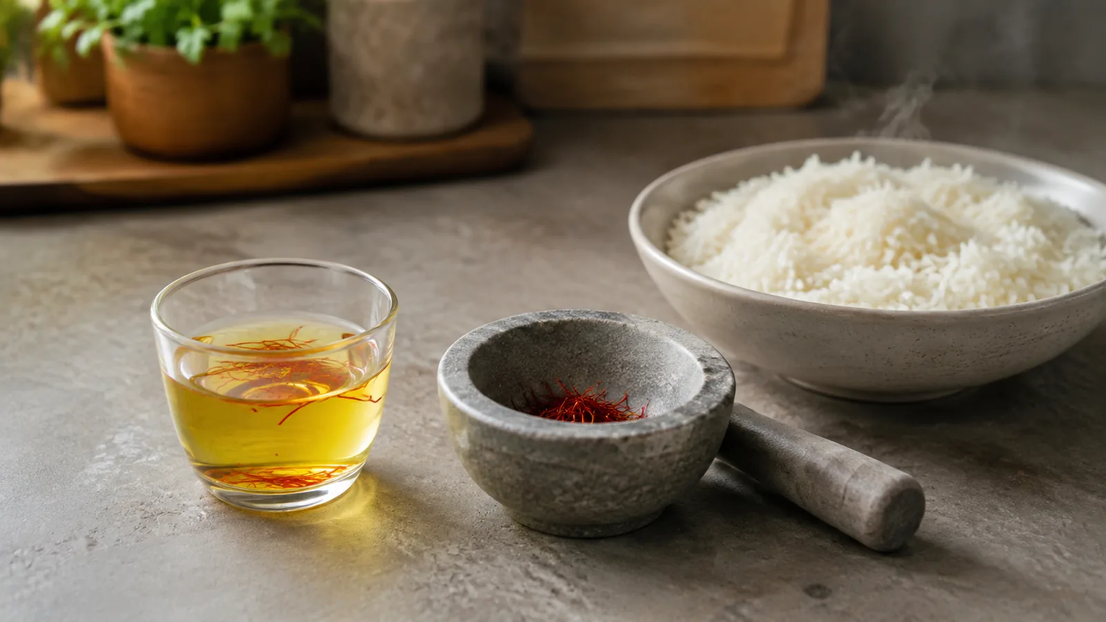 Saffron infusion, mortar and steamed rice ready for cooking