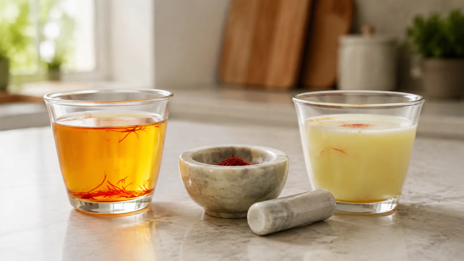 Warm water and milk saffron infusions beside lightly crushed threads