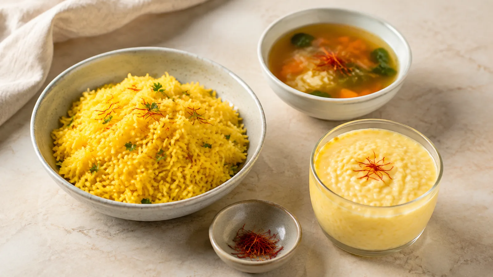Saffron rice, vegetable broth and creamy rice pudding