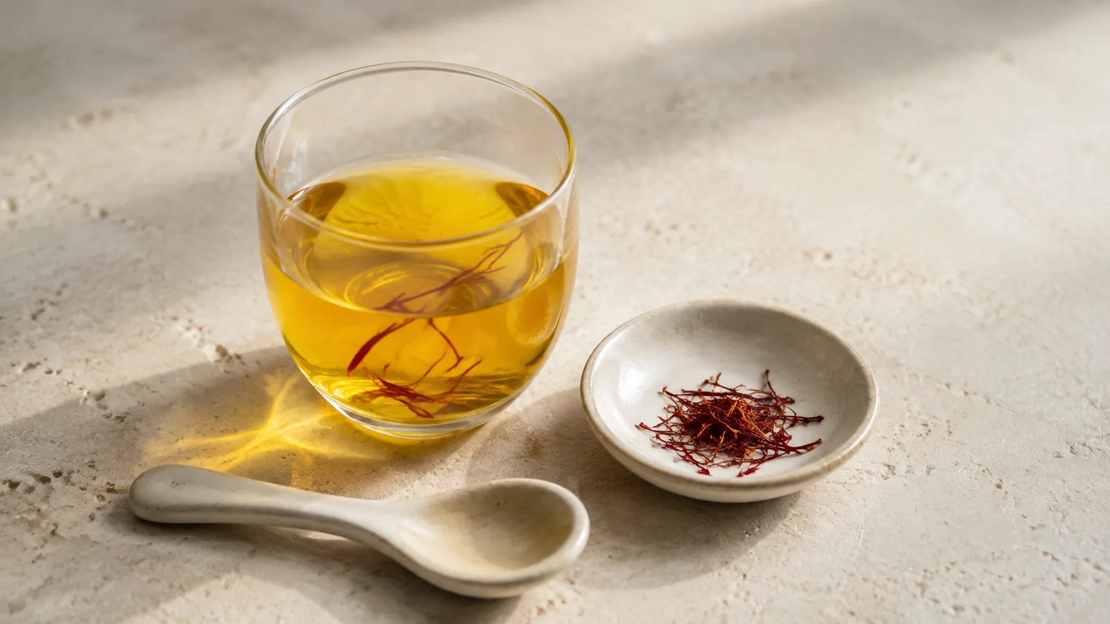 Saffron flavor profile shown with a golden infusion and red threads