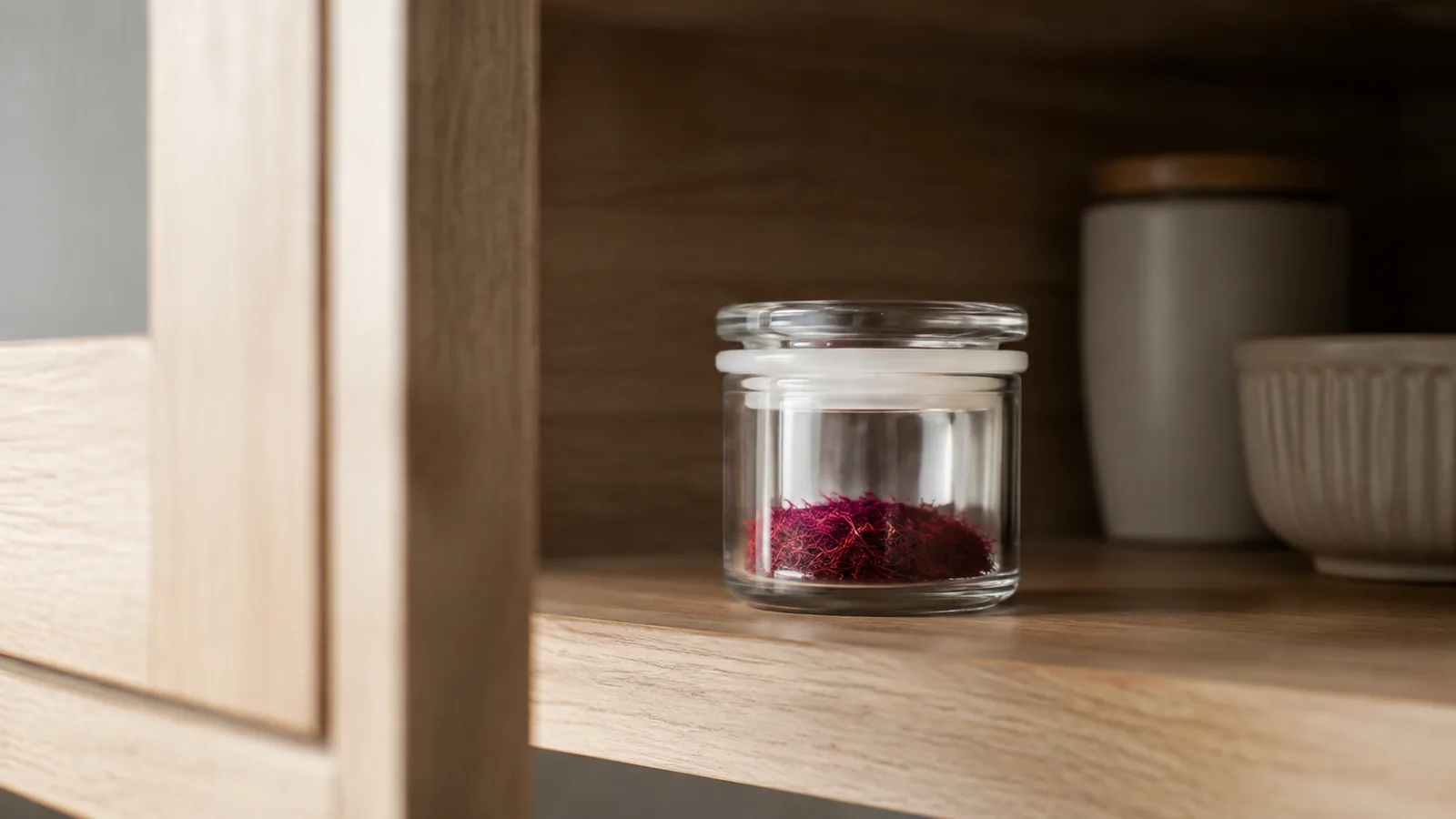 Saffron shelf life: airtight jar stored in a dark cupboard