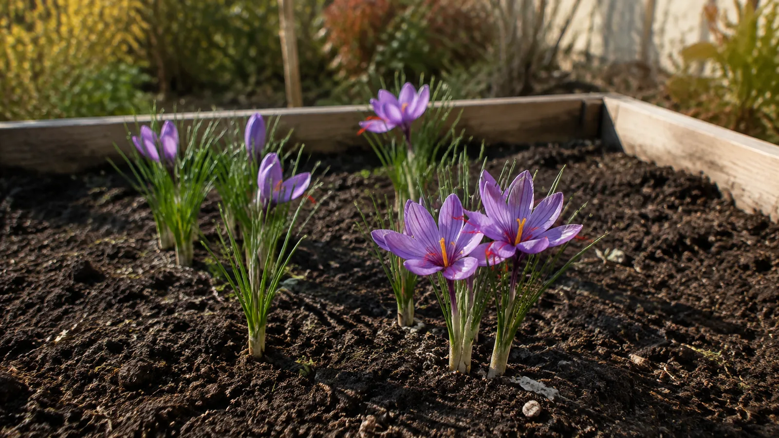 Flowering saffron crocuses growing in a sunny raised bed