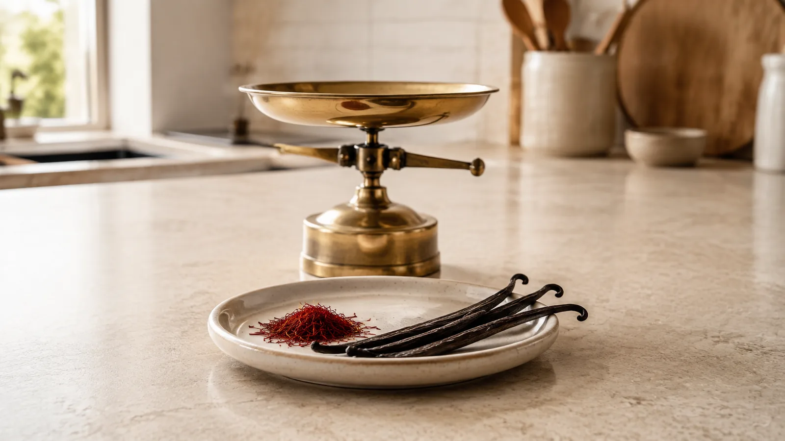 Saffron threads and vanilla pods compared on a kitchen counter