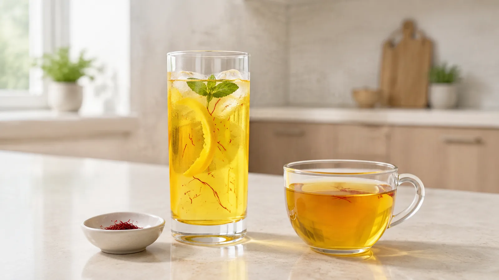 Golden saffron drink served hot and cold in a modern kitchen