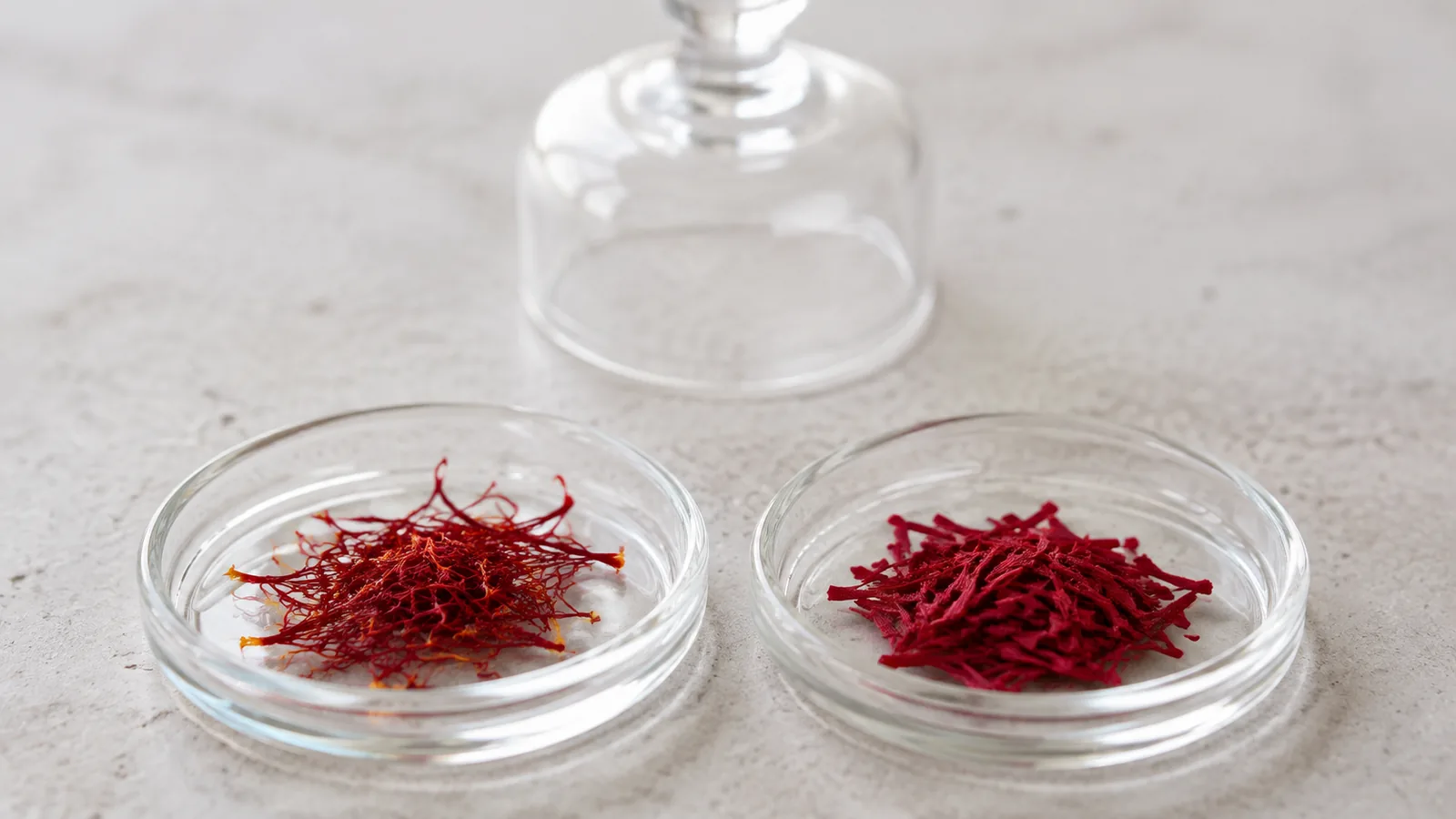 Genuine saffron threads beside a red plant-fibre imitation for comparison