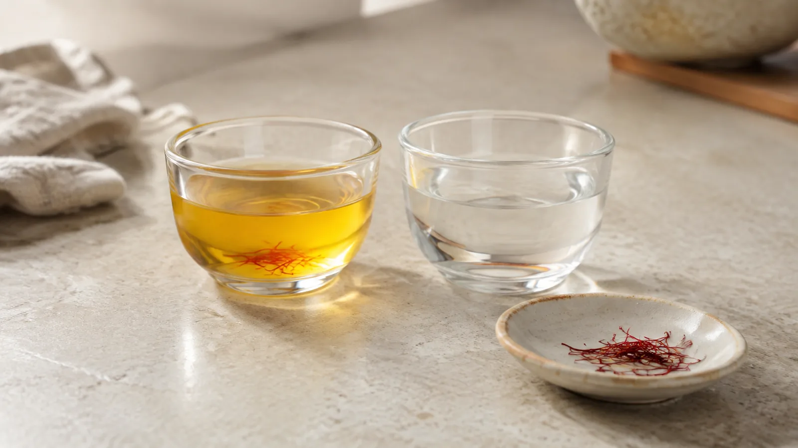 Golden saffron infusion beside a plain-water tasting cup and saffron threads