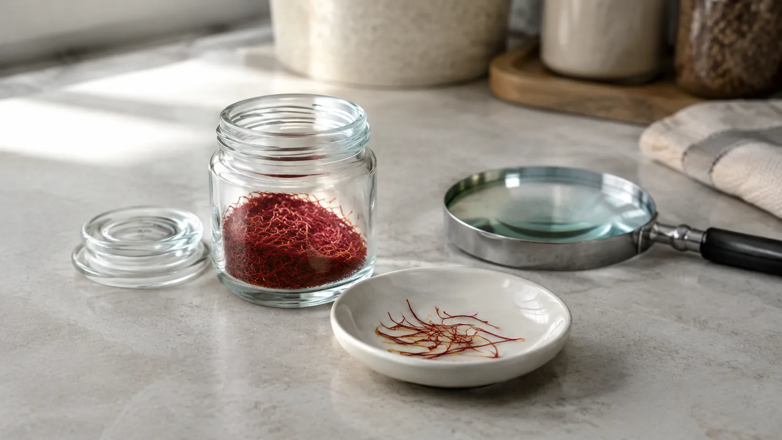 Dry saffron threads inspected beside an airtight storage jar