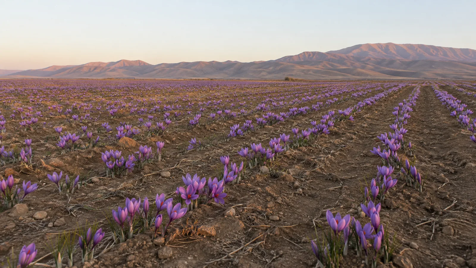 Purple saffron crocuses growing in rows across an arid field