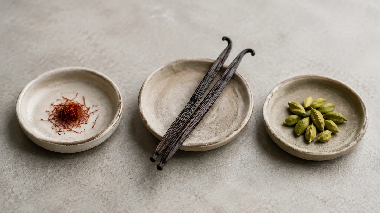 Saffron threads, vanilla beans and green cardamom displayed in separate dishes