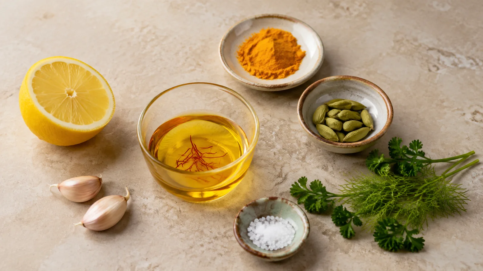 Saffron infusion with lemon, garlic, herbs and spices arranged for cooking