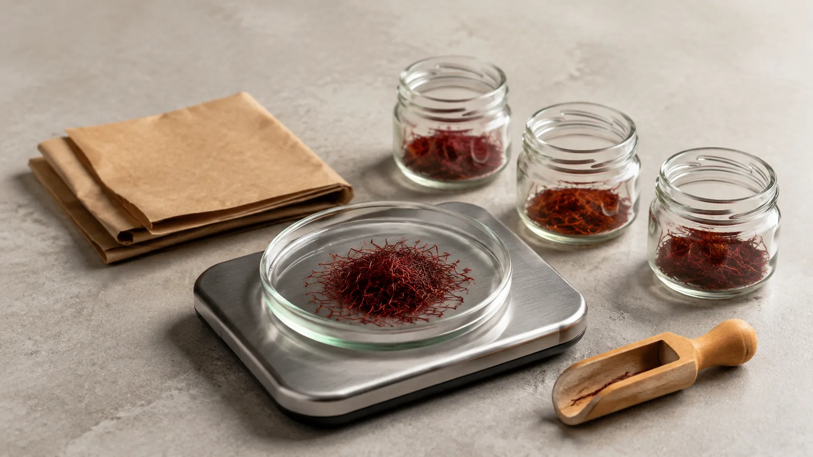 Saffron threads beside a scale and neutral packaging for country price comparison