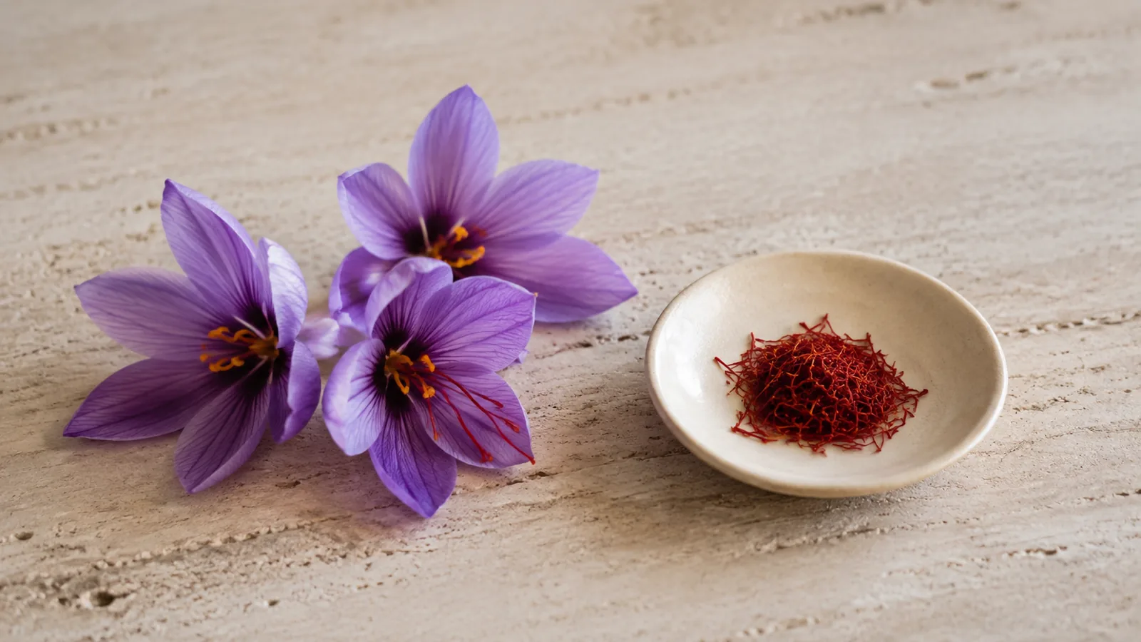 Saffron crocus flowers beside a small dish of dried red saffron threads
