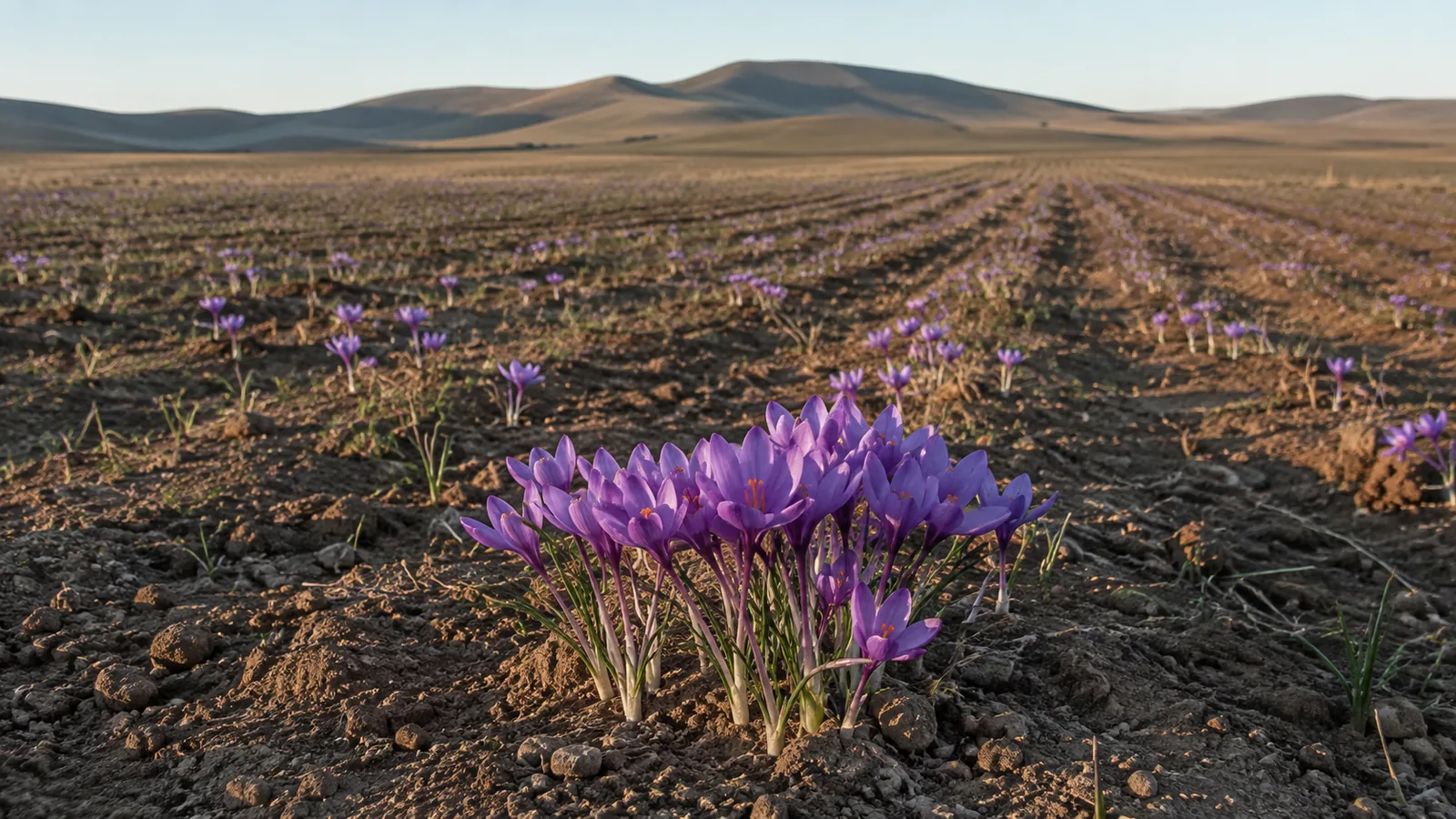 Purple saffron crocus flowers growing in a dry field with hills beyond