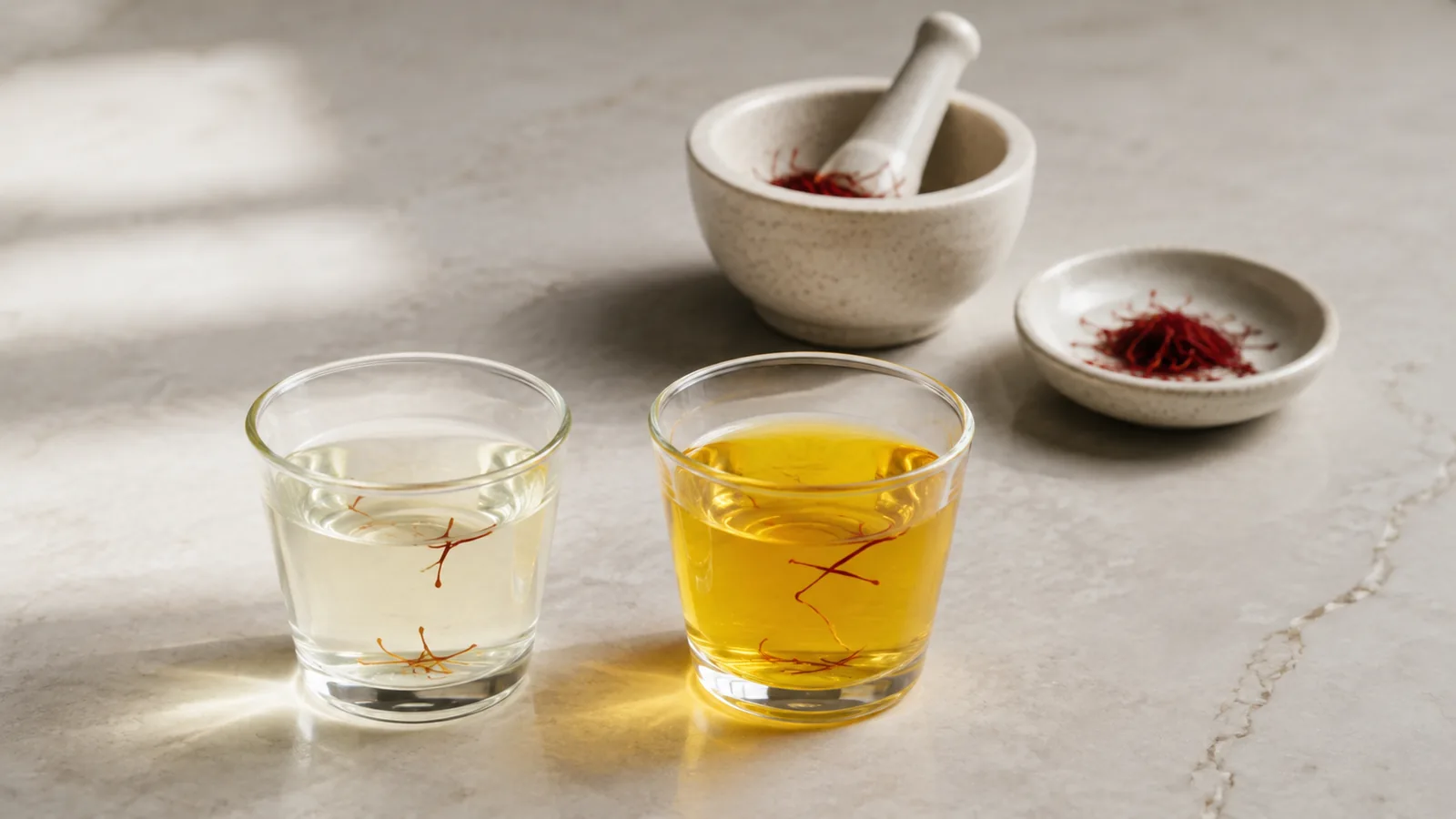 Pale and golden saffron infusions beside red threads and a mortar