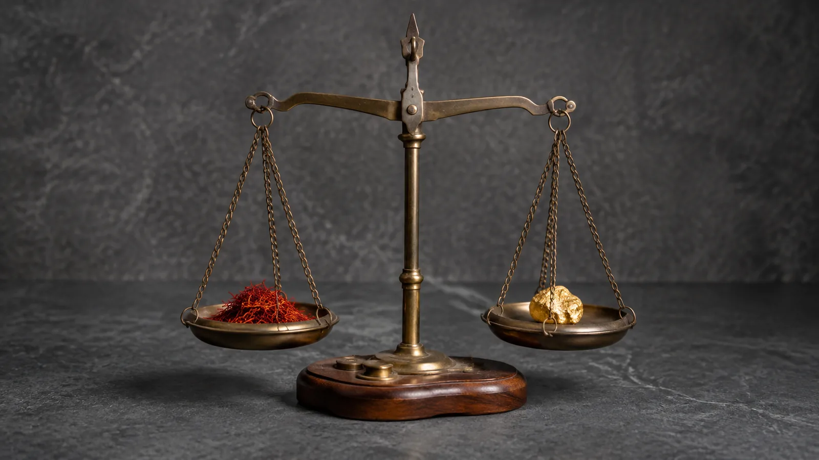 Red saffron threads and a small gold nugget on opposite pans of a balance