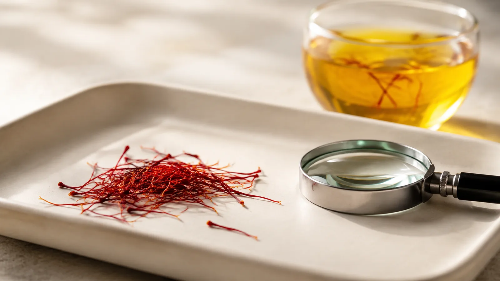 Whole red saffron threads beside a magnifying glass and a golden saffron infusion