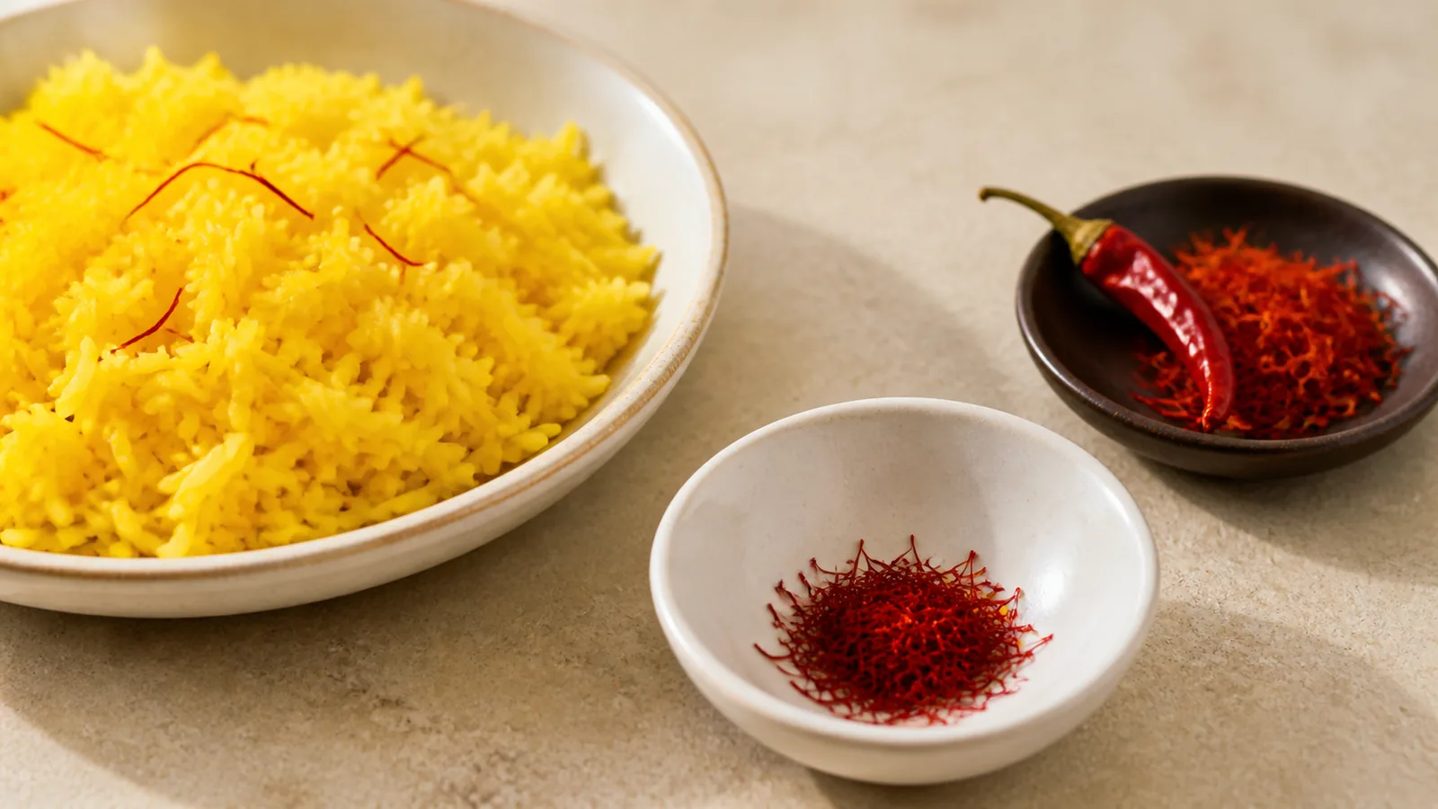 Saffron threads and golden rice beside a separate dish of red chilli threads