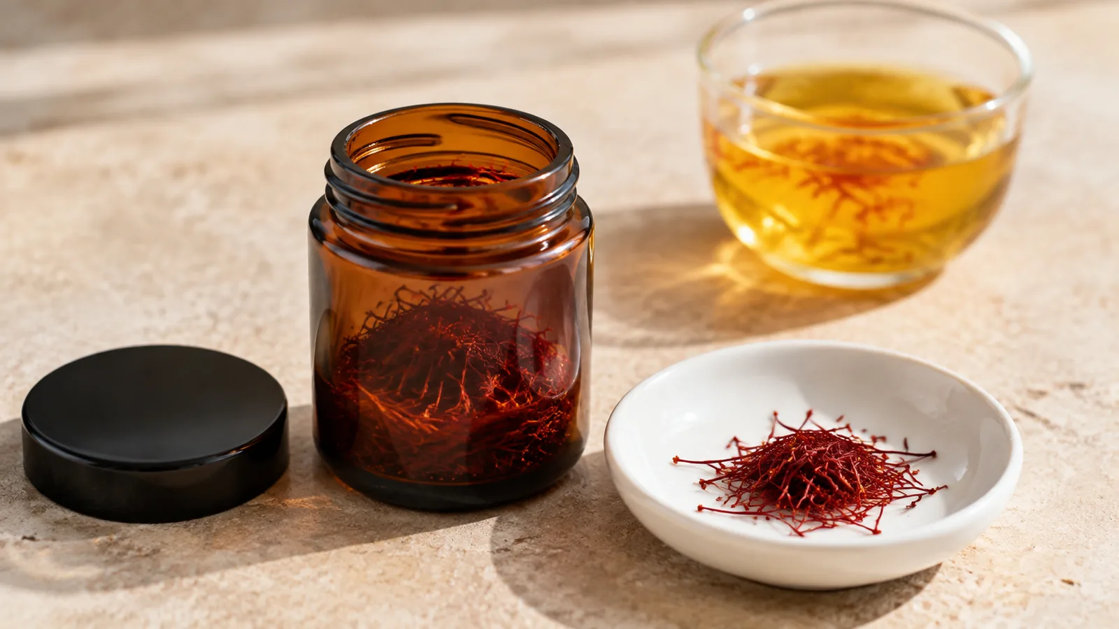 Whole saffron threads in an open amber jar beside a clean dish and golden infusion
