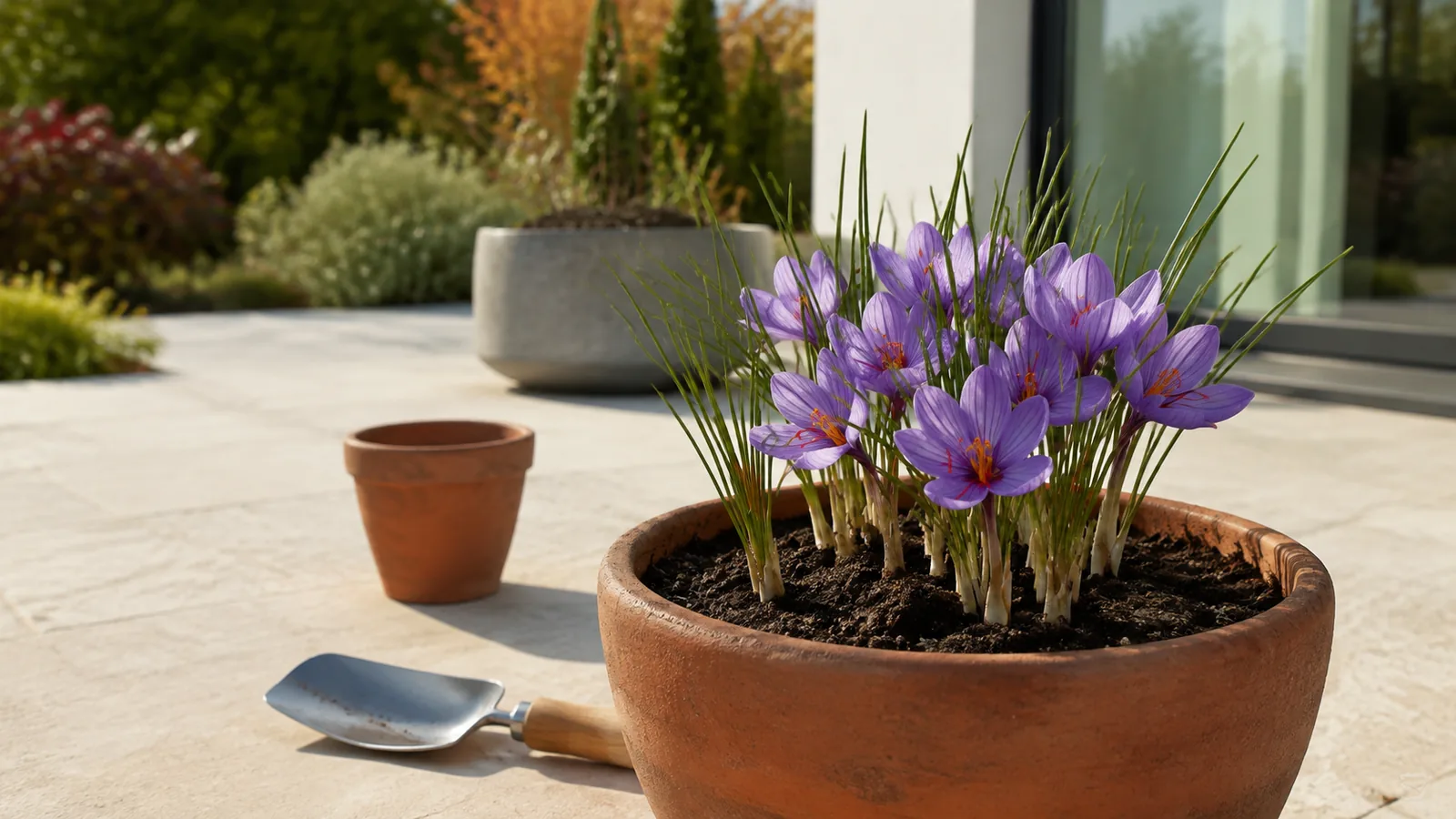 Purple saffron crocuses growing in a deep terracotta container on a sunny home patio