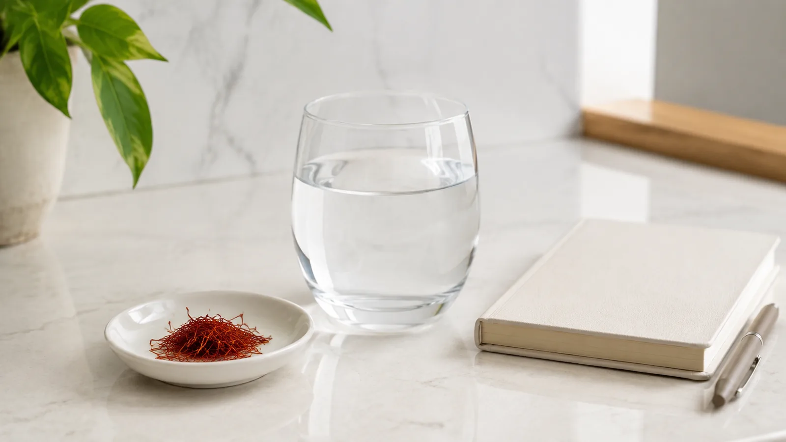 Saffron threads beside a clear glass of water and a plain notebook on a clean counter