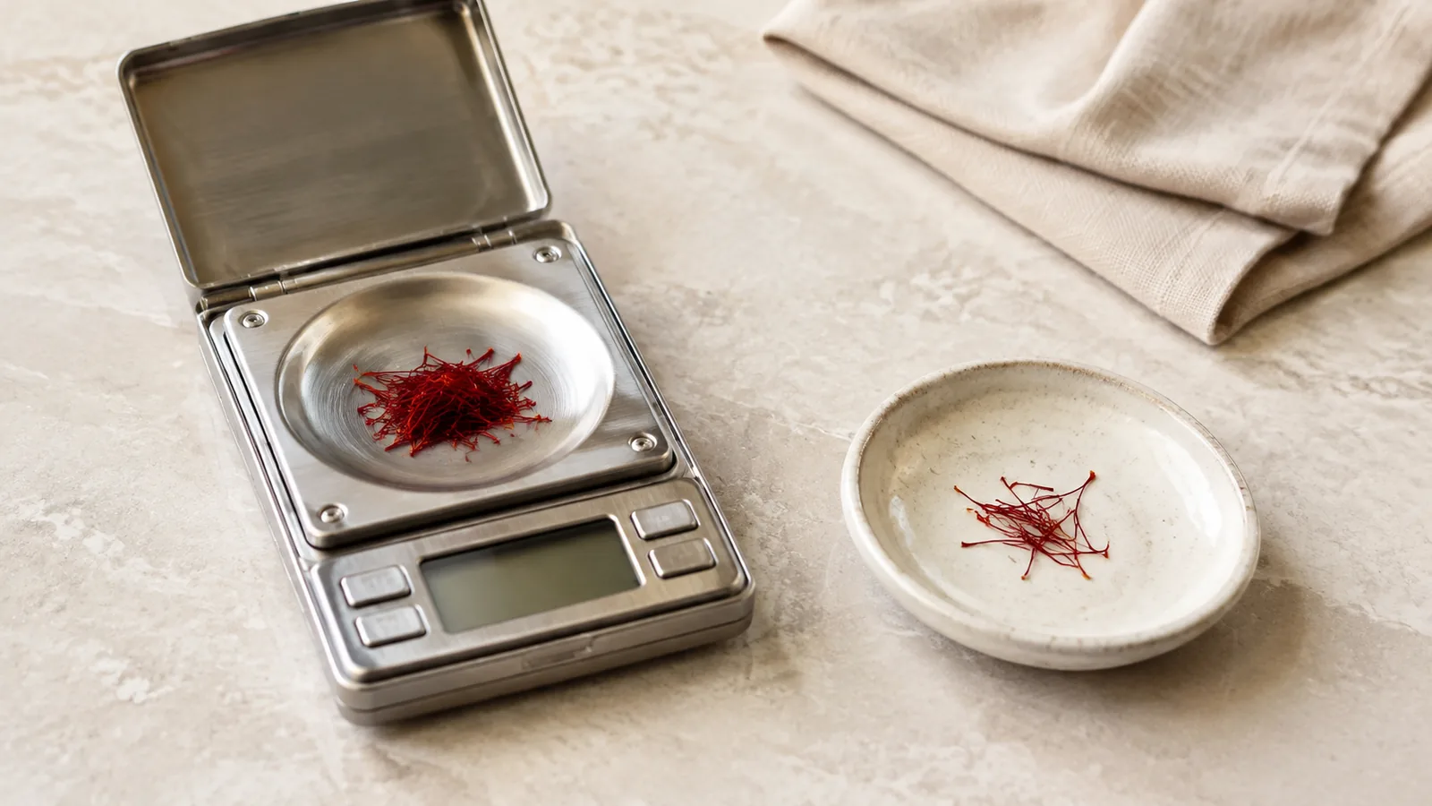 Red saffron threads measured on a precision scale beside a small ceramic dish