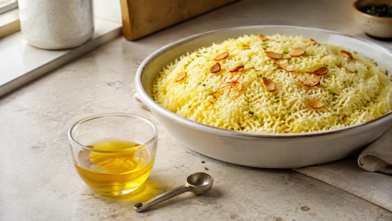 A small saffron infusion beside a finished rice dish on a modern kitchen counter