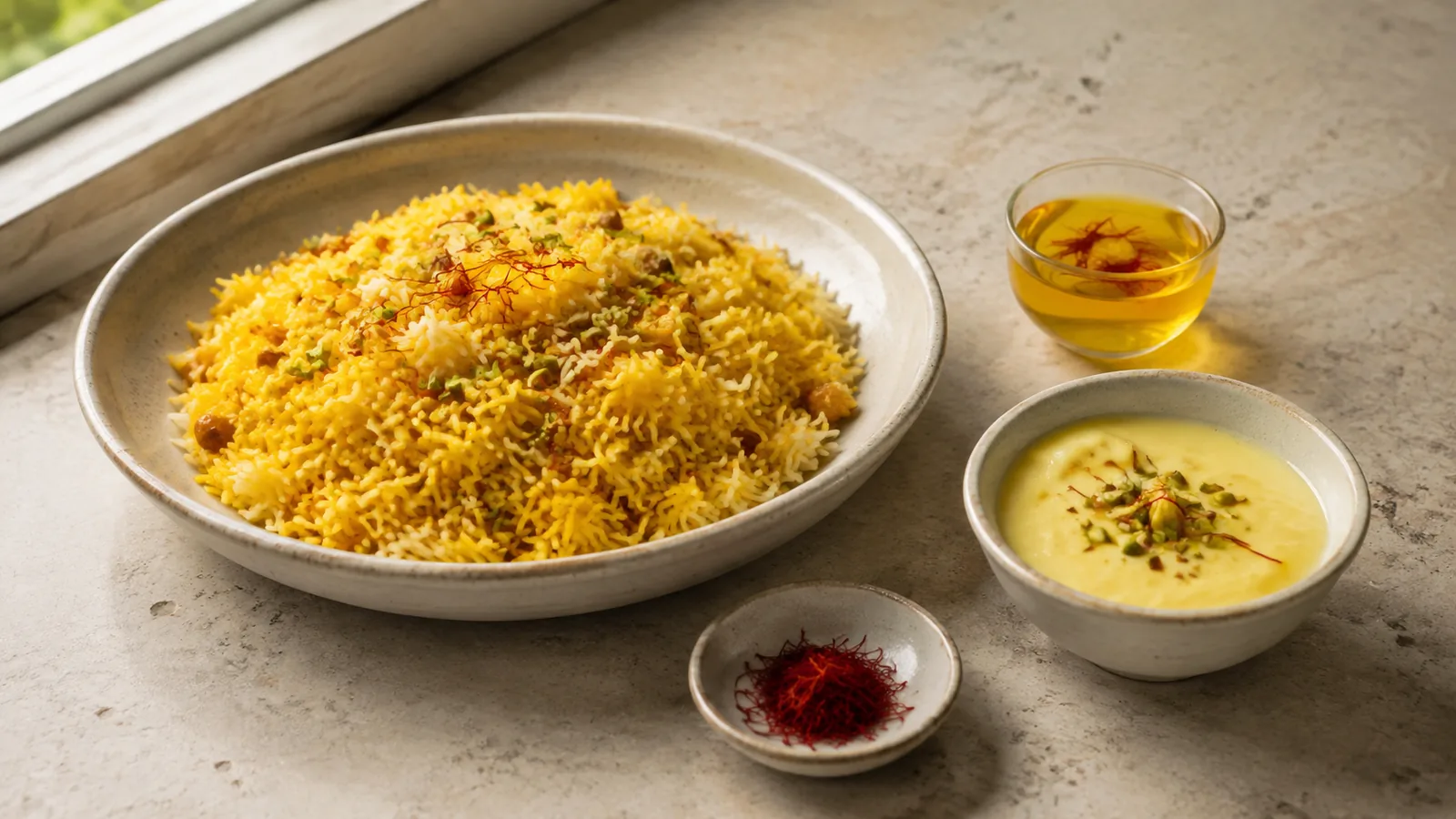 Saffron rice, a small saffron dessert and a golden infusion on a modern kitchen table