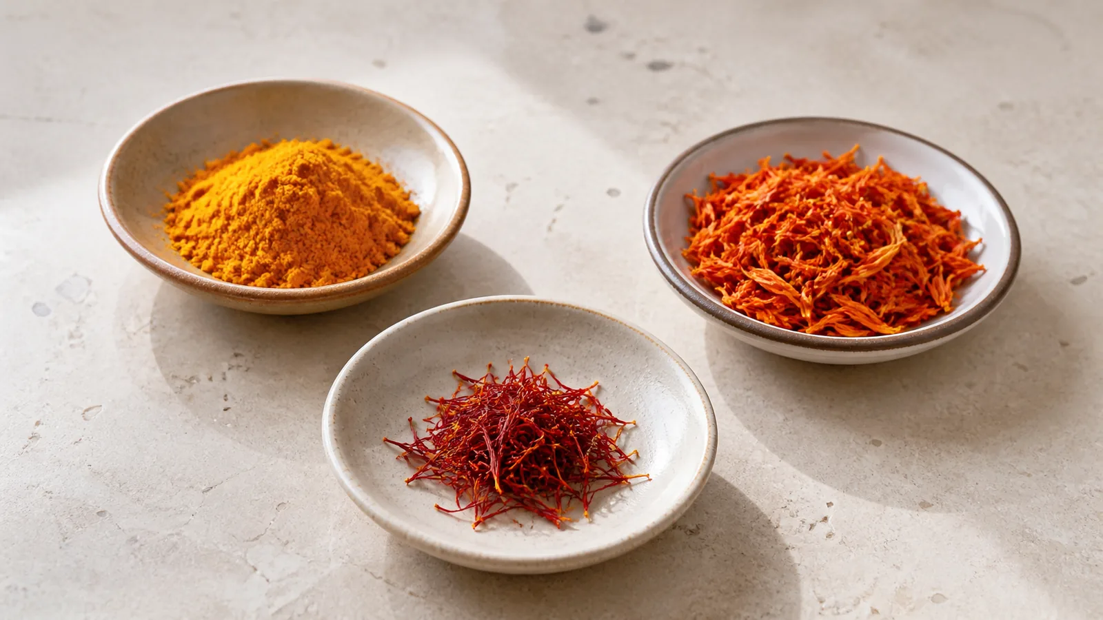 Saffron threads beside separate dishes of turmeric and culinary safflower petals