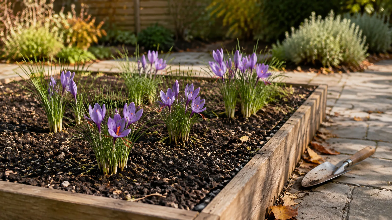 Purple saffron crocuses and narrow green leaves growing in a well-drained raised garden bed