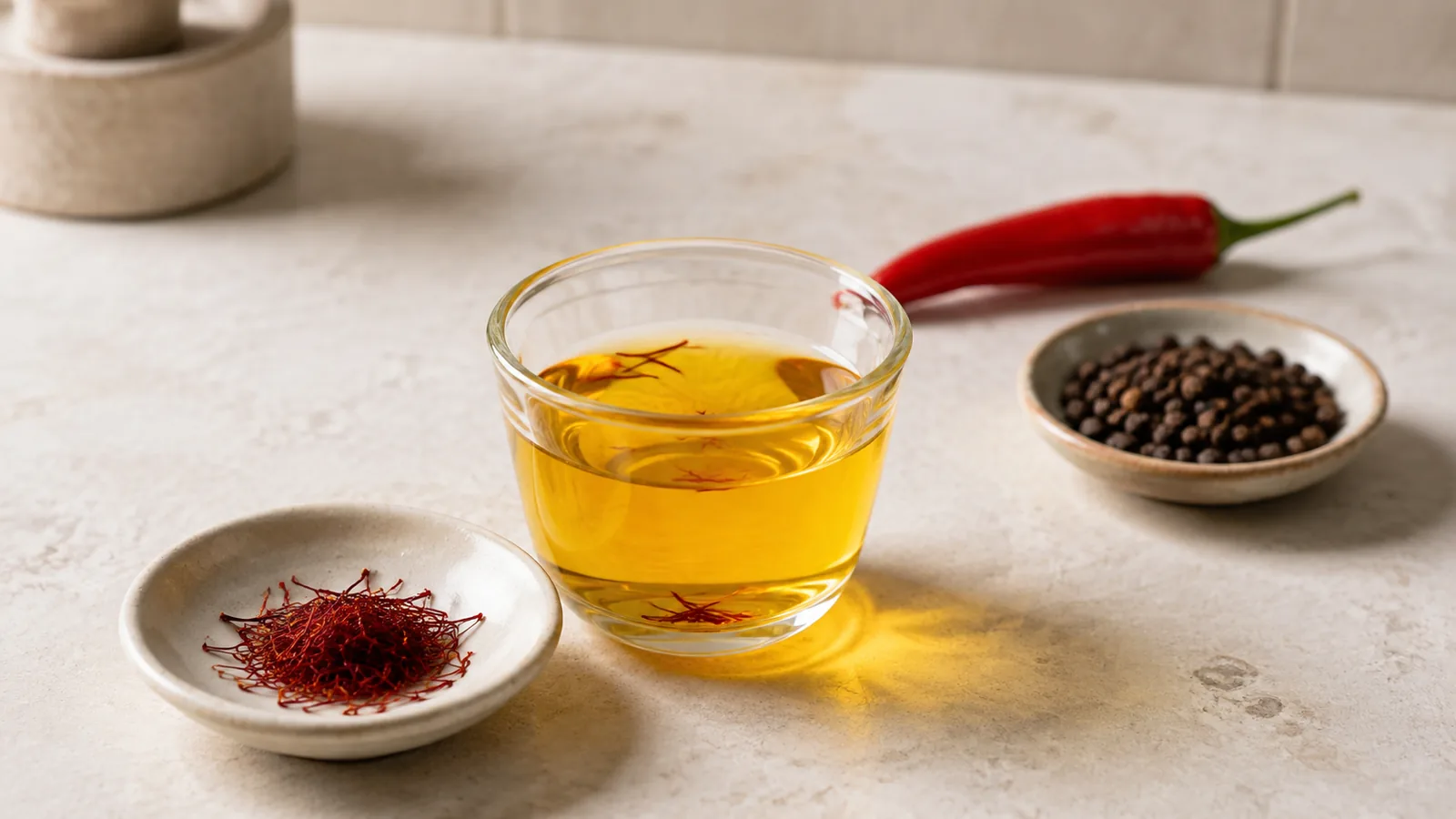 Golden saffron infusion with saffron threads, a red chilli and black peppercorns kept separate