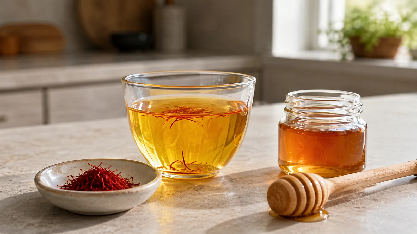 Saffron threads and golden saffron infusion beside a small jar of honey
