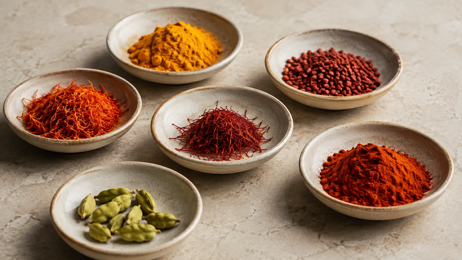 Saffron threads compared with turmeric, annatto, safflower, paprika and cardamom