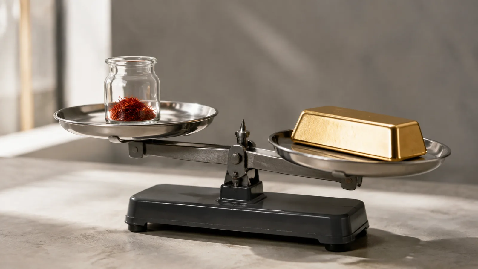 Saffron jar and gold bar shown separately on a precision scale for price comparison