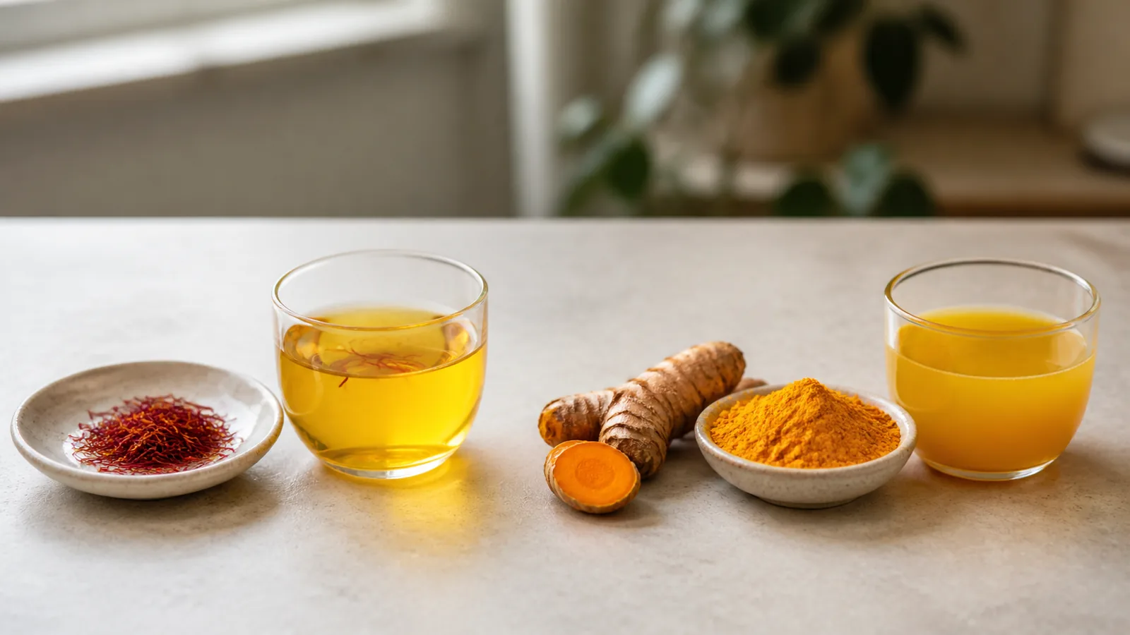 Saffron threads and golden infusion compared with turmeric root, powder and yellow infusion